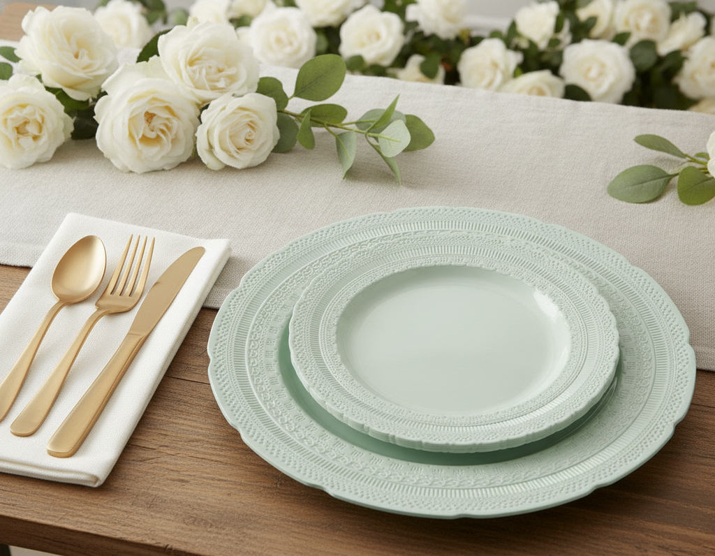 Mint vintage plastic plate place setting with napkin, gold cutlery and roses
