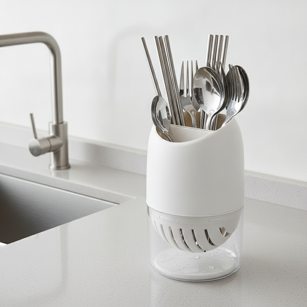 Utensil organizer holding cutlery on a modern kitchen counter