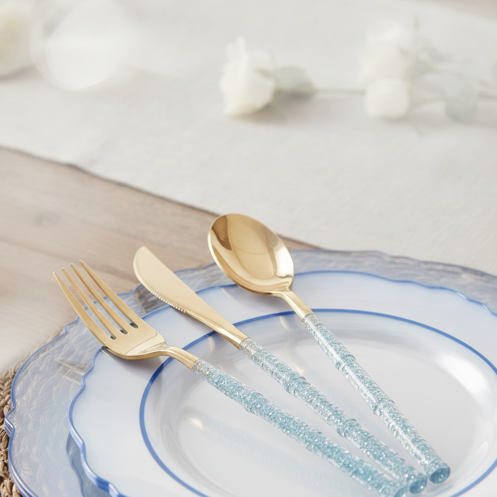 Close-up of blue baroque lace rim on clear plastic plate with glitter fork