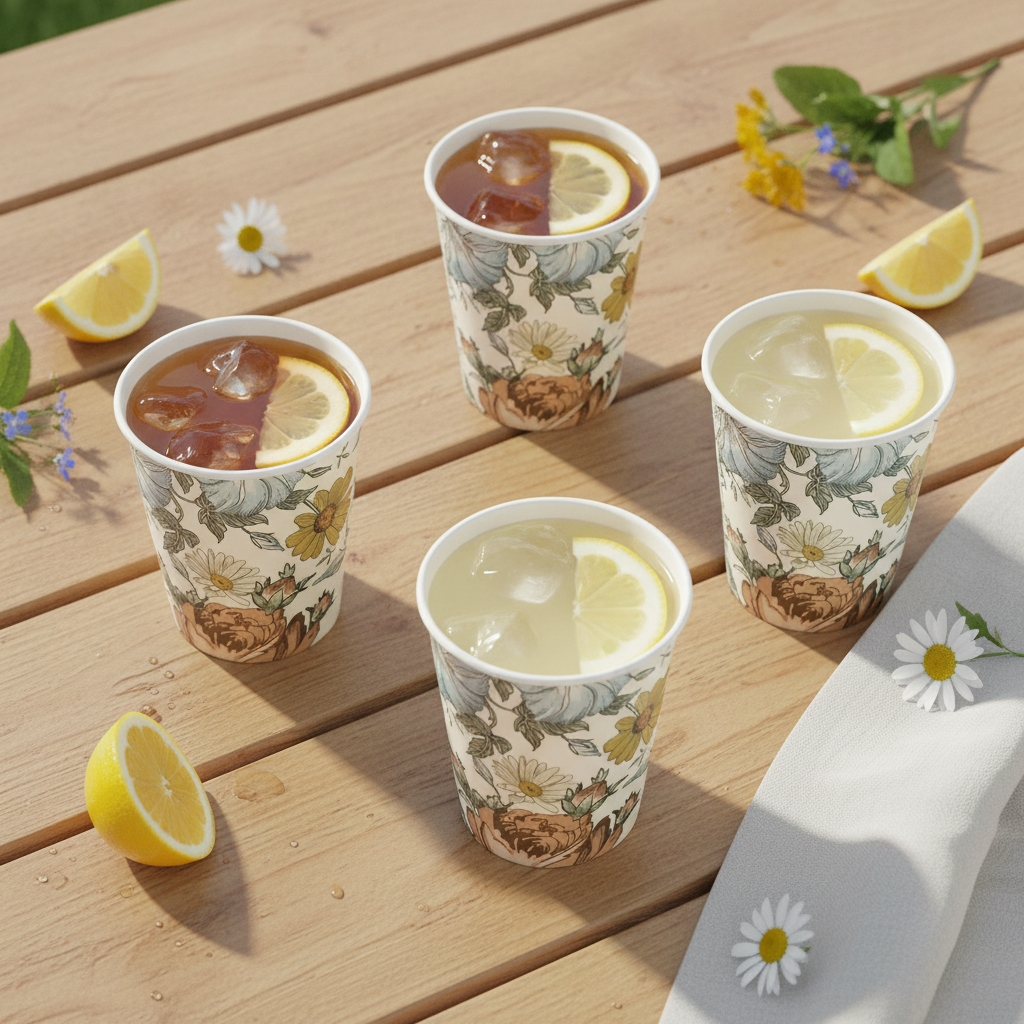 Vintage wildflower paper cups with iced tea and lemon on a picnic table