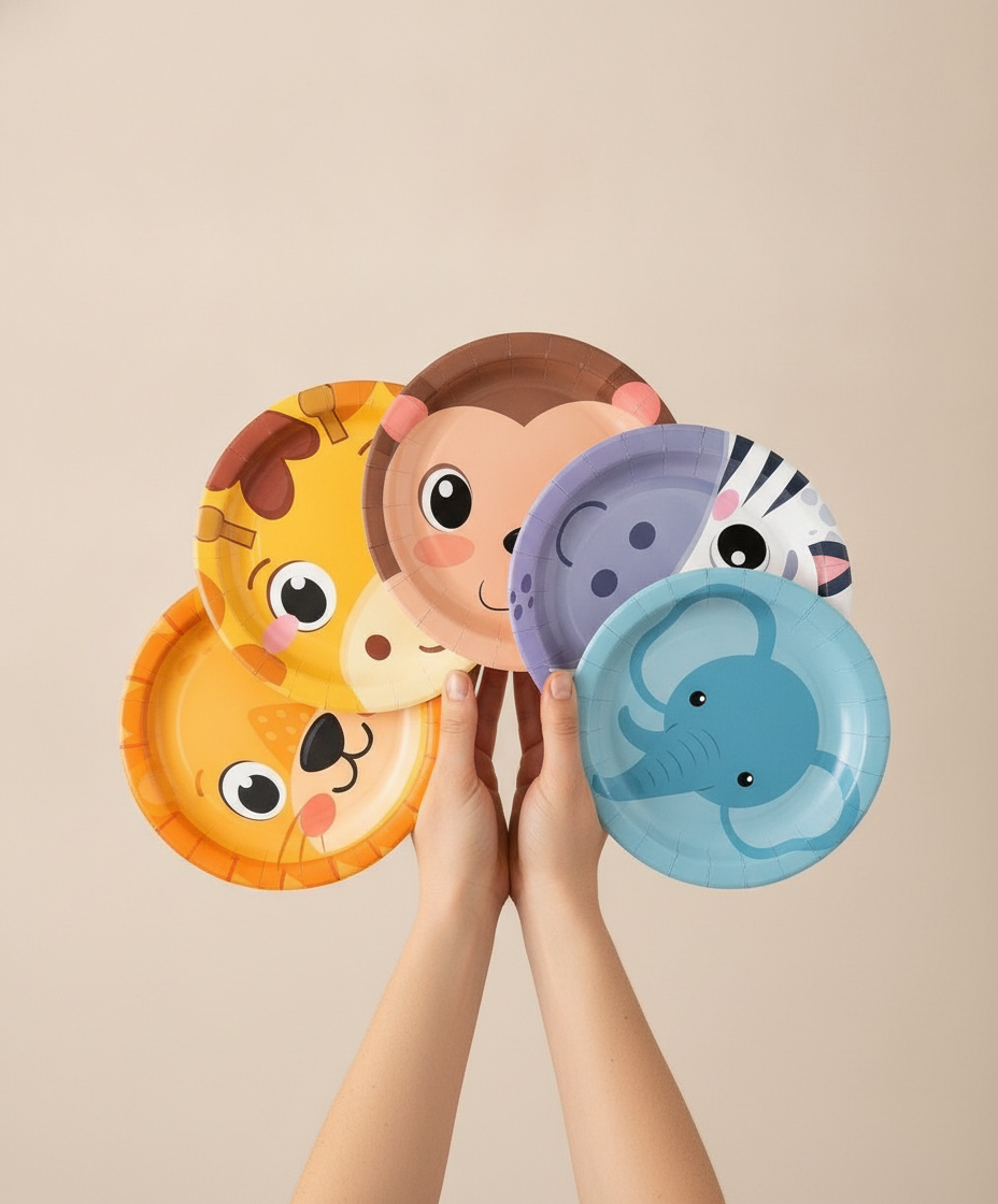 Six safari animal disposable paper party plates fanned and held in hands