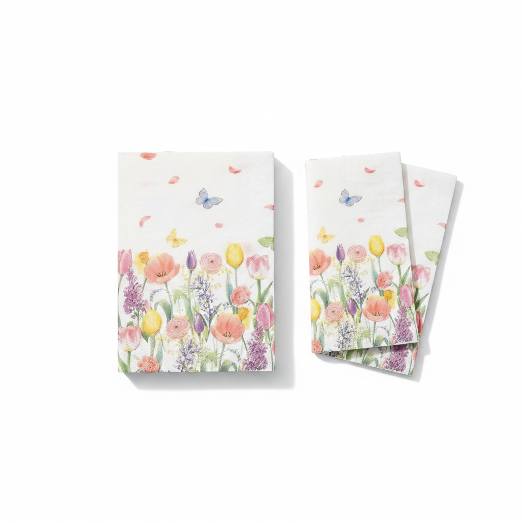 Stack of rectangular tulip spring floral paper guest napkins fanned on a white background