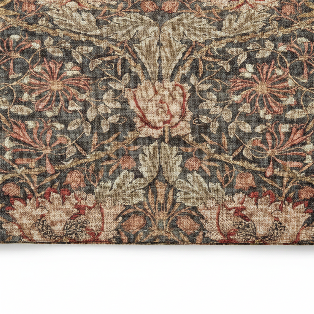 Flat-lay detail of the stitched hemmed edge and woven linen weave of the table runner
