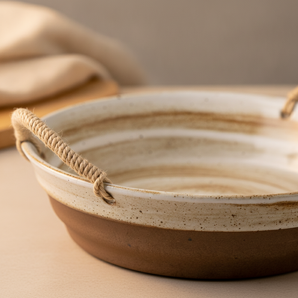 Close-up of speckled wabi-sabi glaze and twisted hemp-rope handle on stoneware bowl