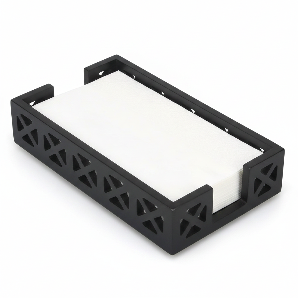 Black wood napkin and guest towel holder tray with open lattice sides holding folded napkins