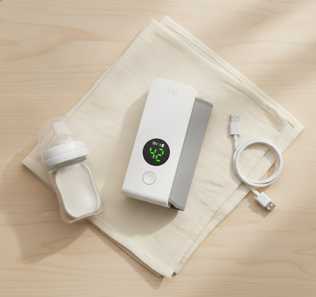 Bottle warmer with USB charging cable and baby bottle on a muslin blanket