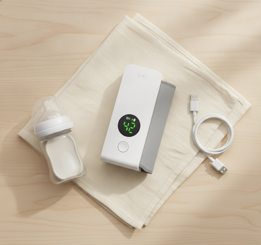 Bottle warmer with USB charging cable and baby bottle on a muslin blanket