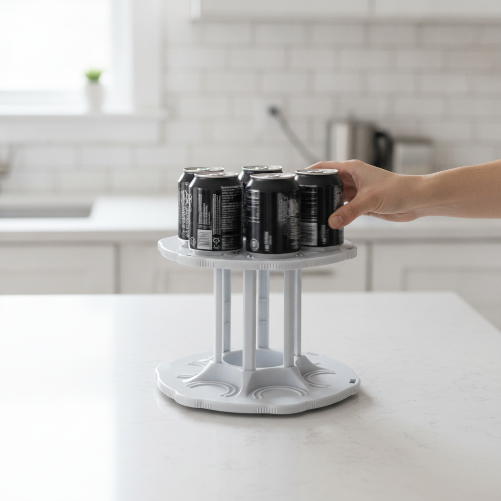 Hand spinning the top tier of the rotating can organizer to access soda cans