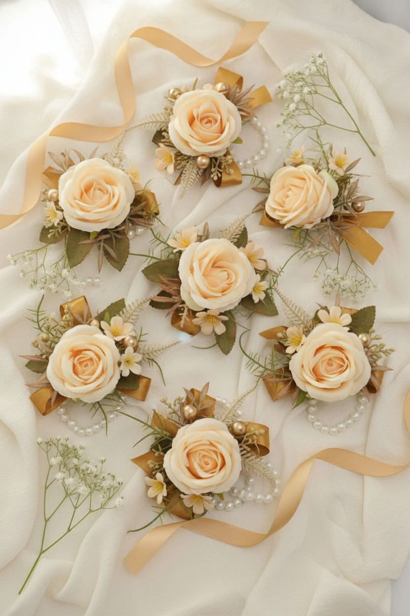 Flat-lay of six champagne wrist corsages with baby's breath styling