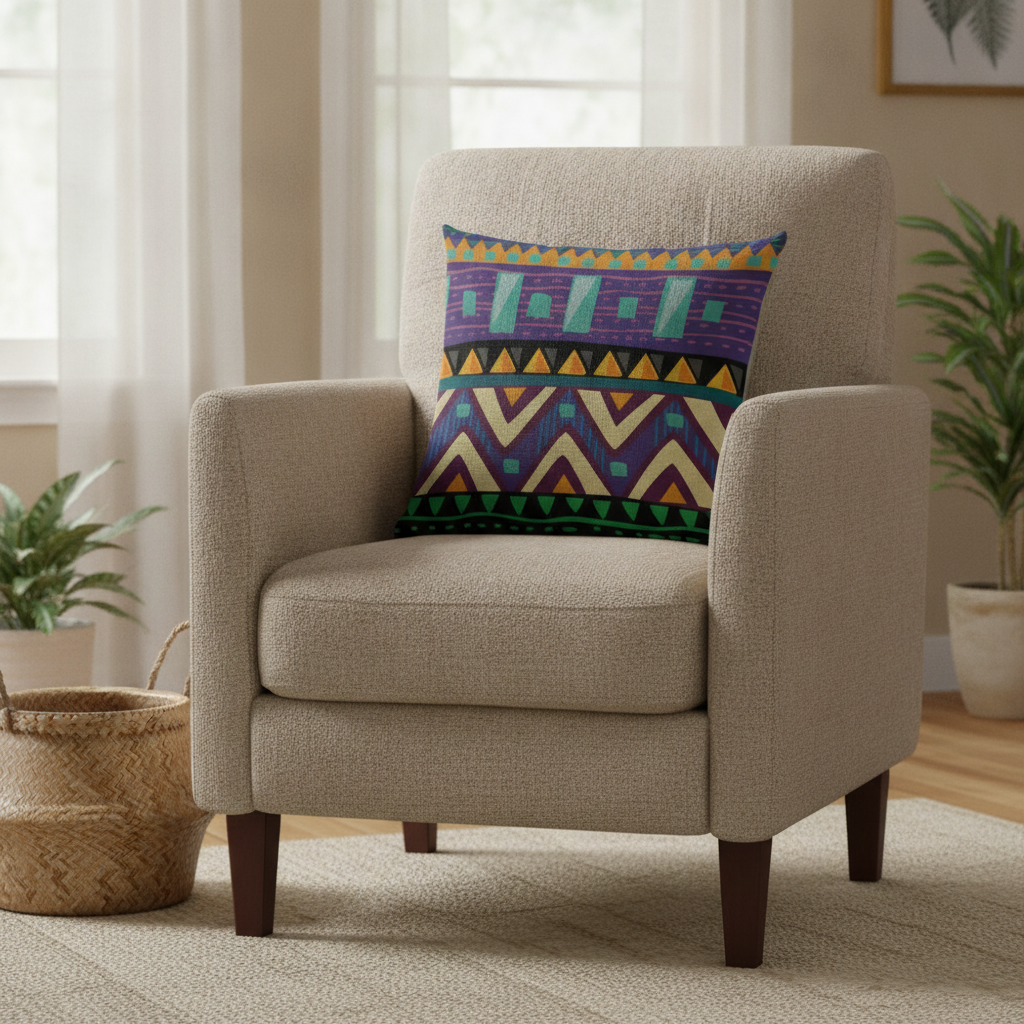 Purple and teal boho cushion cover on a beige armchair — Maison's Kitchen