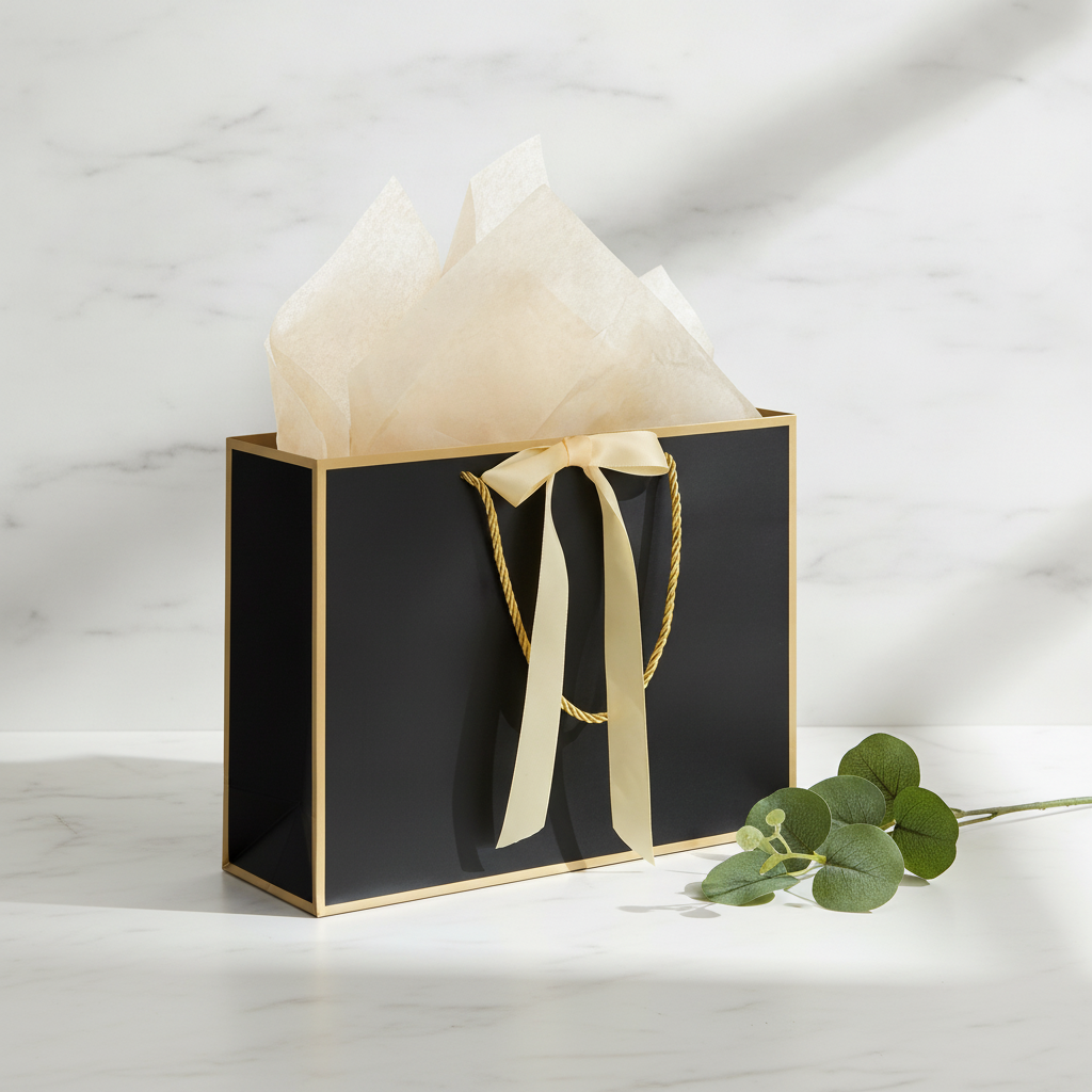 Large black gold-trim gift bag with cream tissue and bow on marble