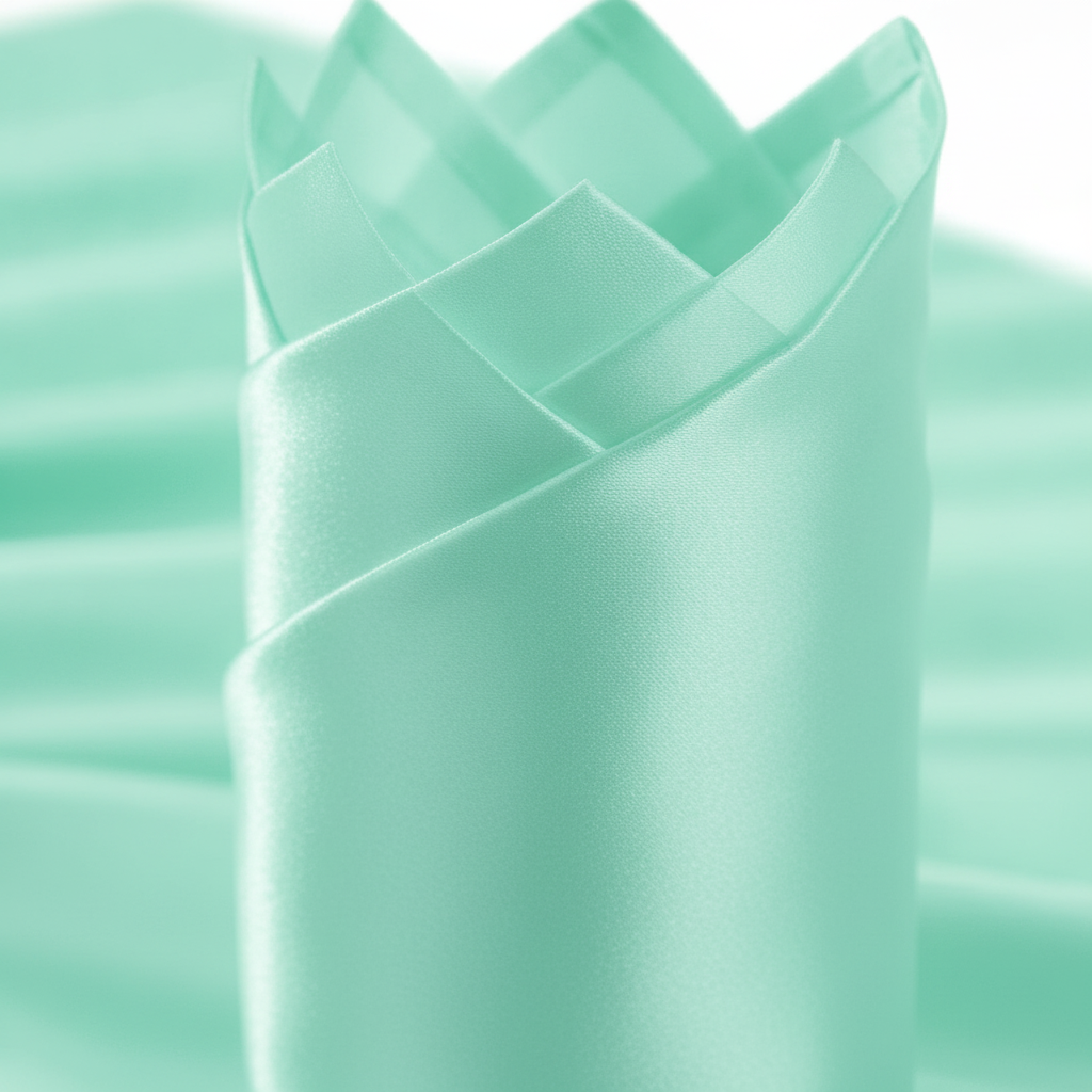 Close up of aqua satin napkin showing silky sheen and folded edge