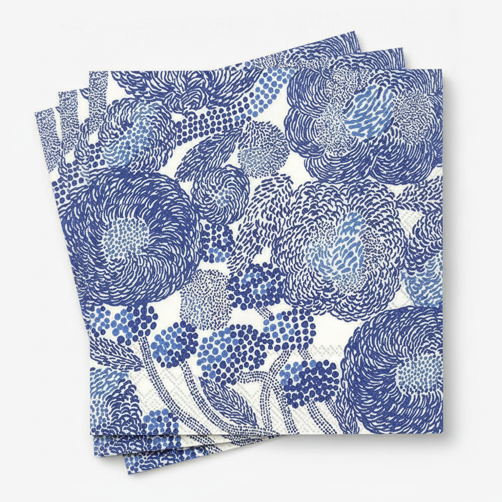 Scandinavian floral paper lunch napkins in cobalt and cream, fanned stack on white