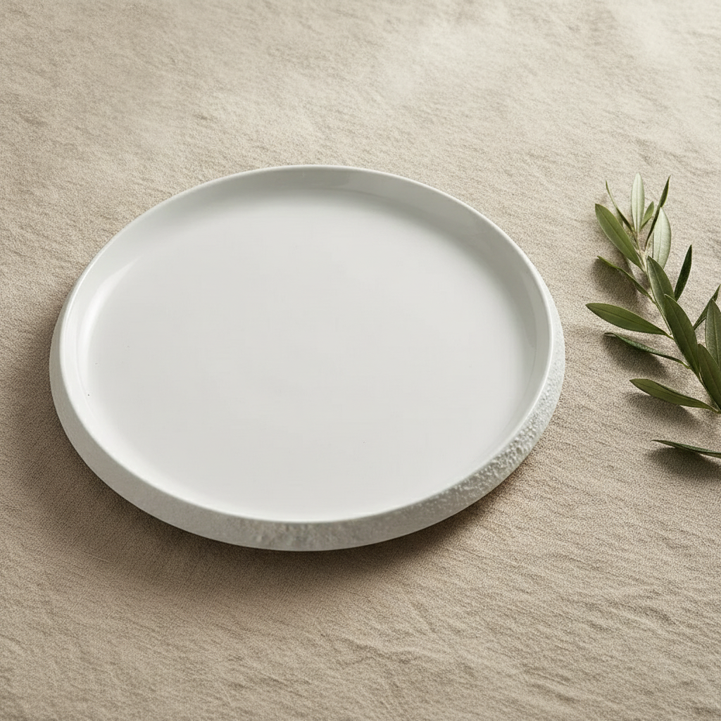 Overhead of the Riva shallow coupe plate on oat linen, smooth white center and textured edge