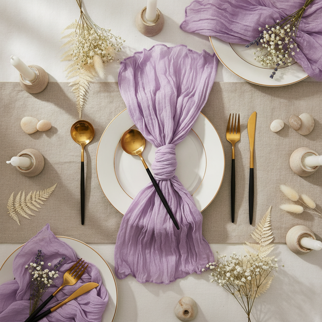 Lilac cheesecloth napkins styled on a boho wedding tablescape