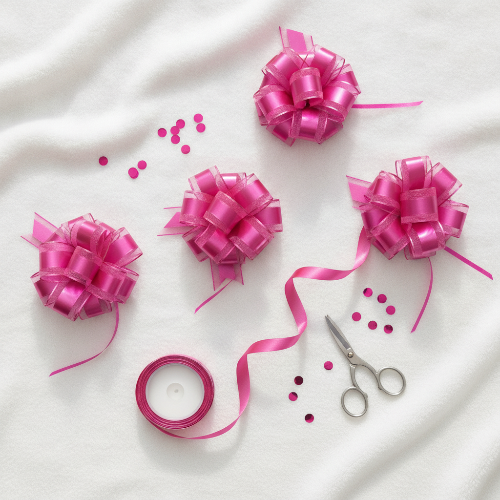 Overhead flat-lay of hot pink pull bows with ribbon roll and scissors on white