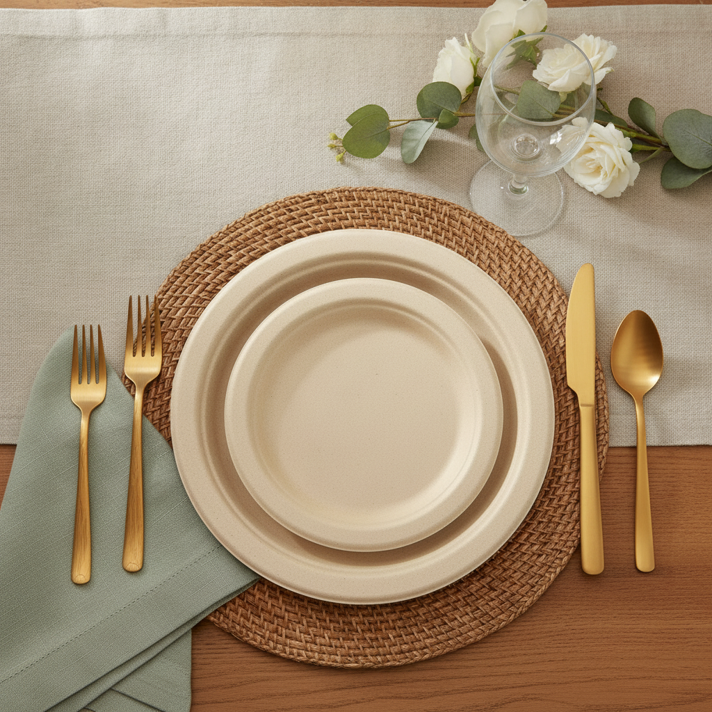 Natural tan bagasse compostable plate place setting on a rattan placemat