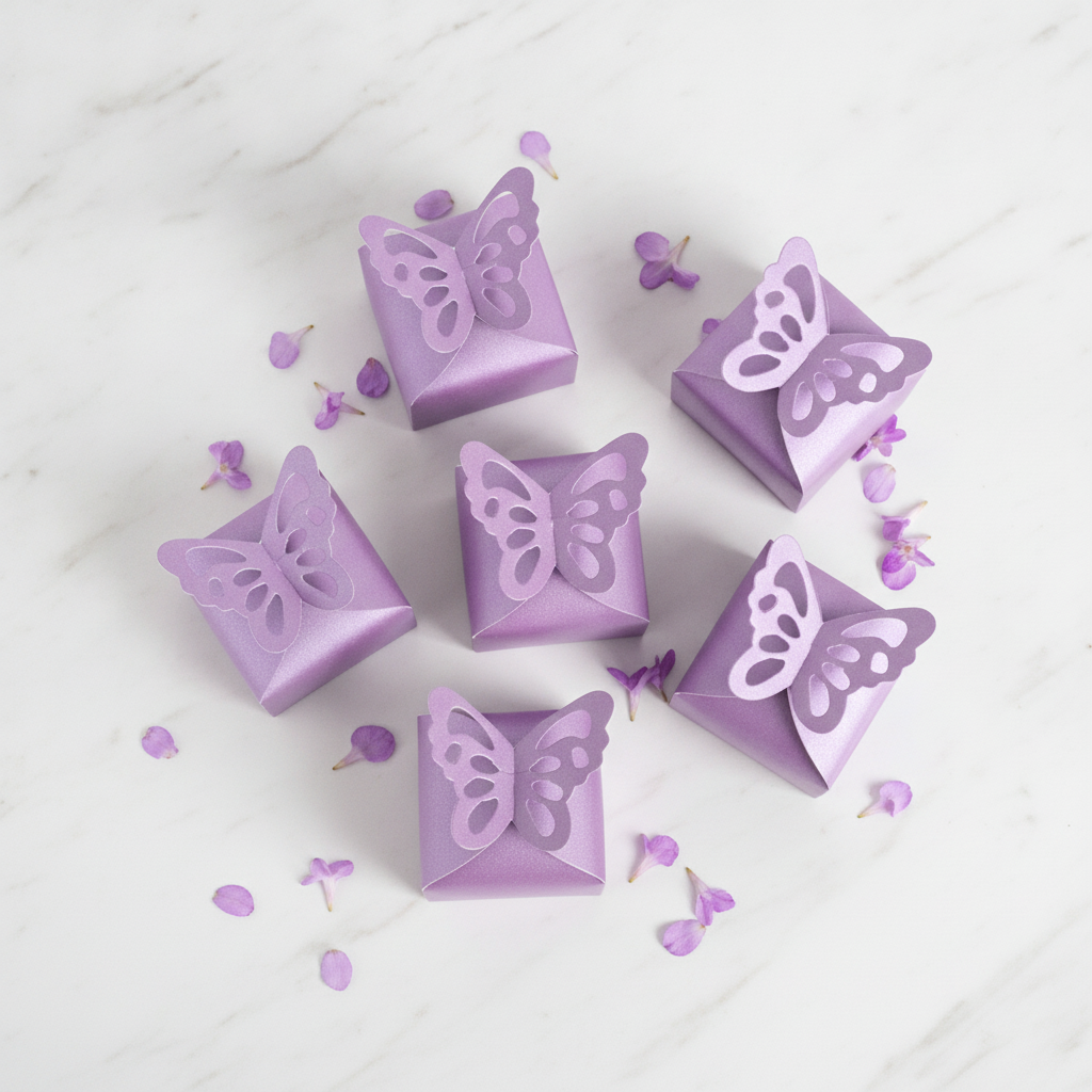 Overhead flat-lay of five purple butterfly favor boxes with petals on marble