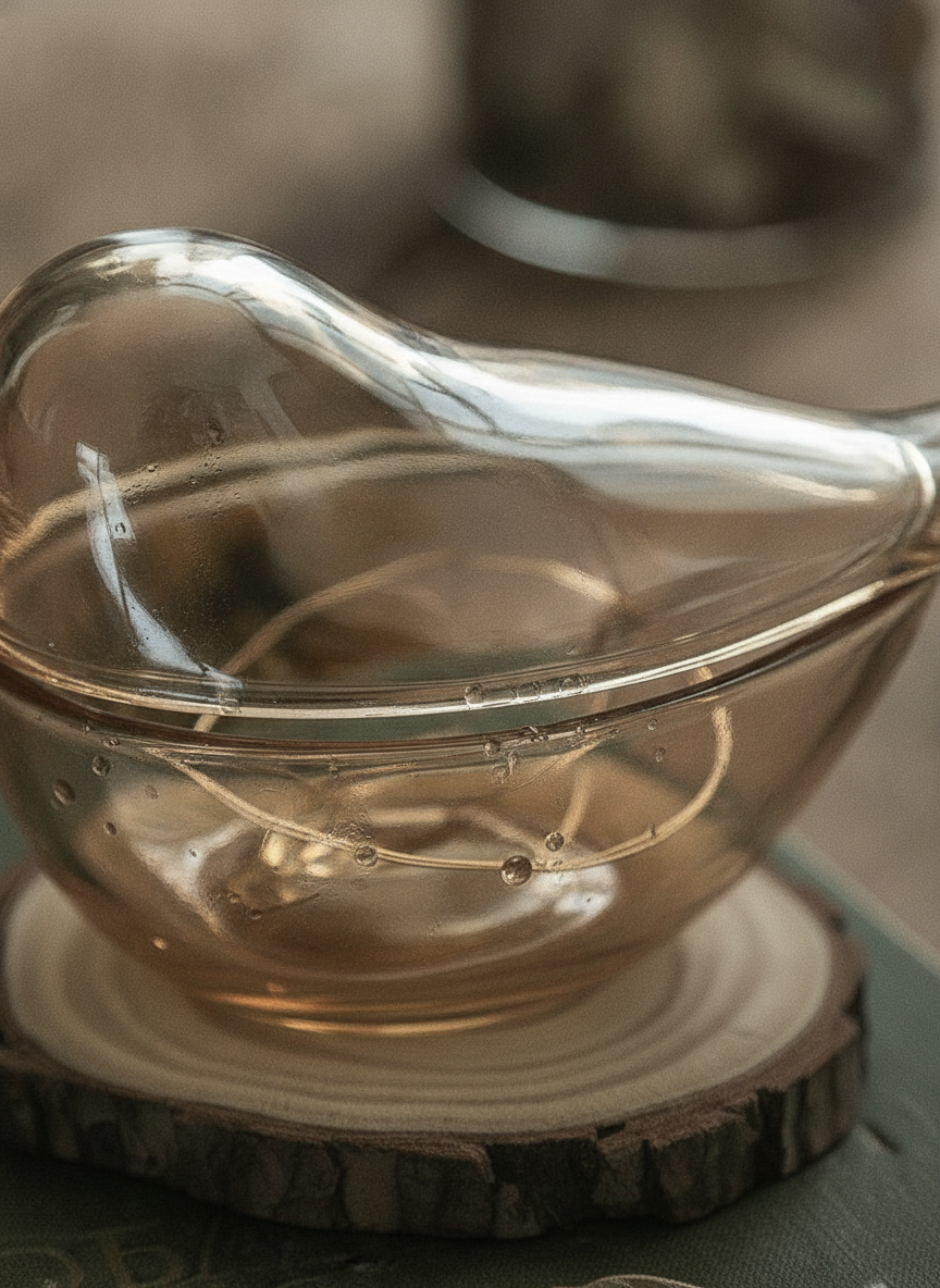 Close-up of the lift-off lid seam and warm champagne glass refraction
