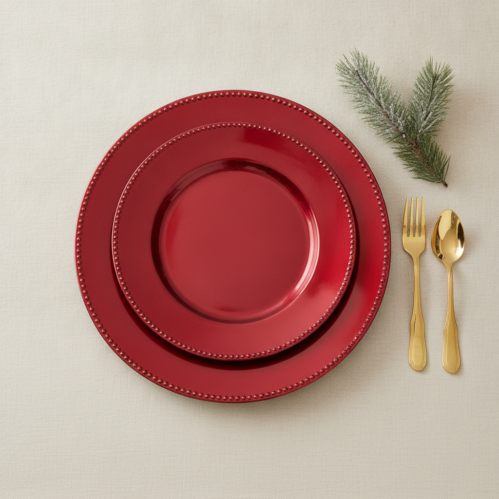 Overhead flat-lay of fanned red beaded charger plates with pine