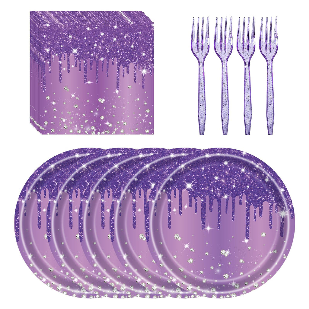 Purple Glitter-Print Party Tableware, 72 Pieces