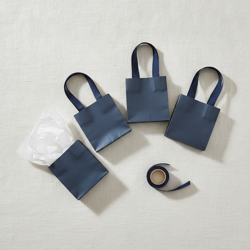 Overhead flat-lay of navy blue kraft gift bags with tissue and ribbon
