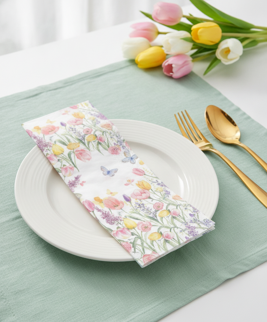 Folded rectangular tulip spring paper guest napkin on a white plate in a fresh spring place setting