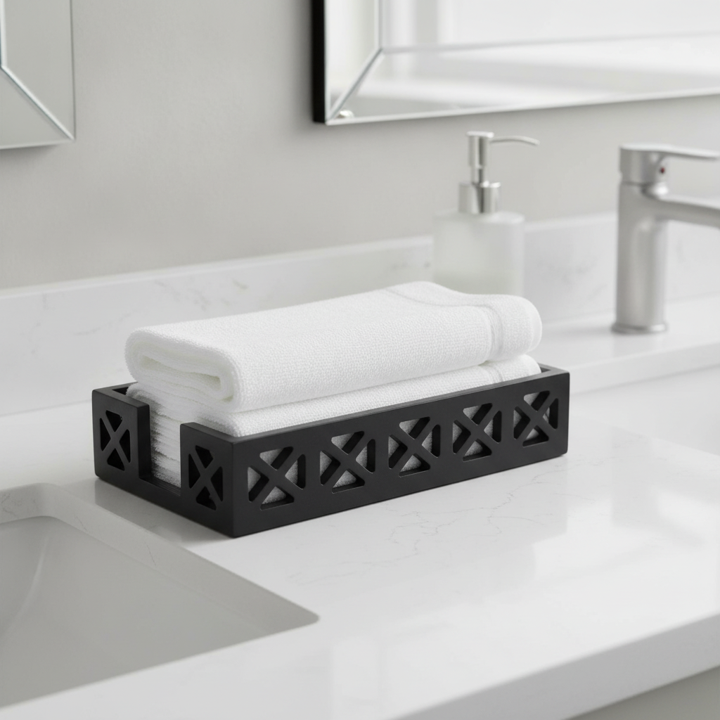 Black wood napkin tray on a bathroom vanity holding folded white guest hand towels