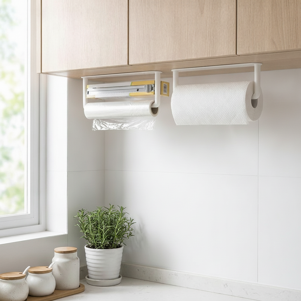 White wall-mount kitchen organizer holding a paper towel roll under a cabinet