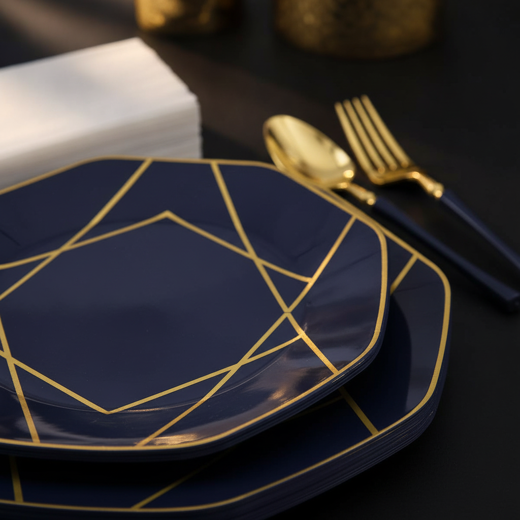 Macro detail of the thin gold geometric line trim on a navy octagonal plastic plate