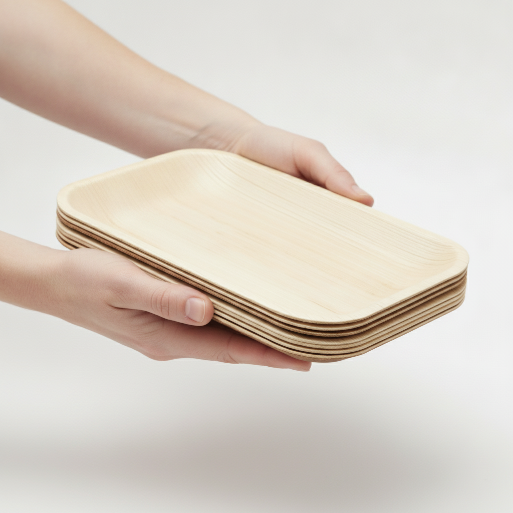 Stack of natural pressed palm leaf rectangular plates held in two hands showing the grain