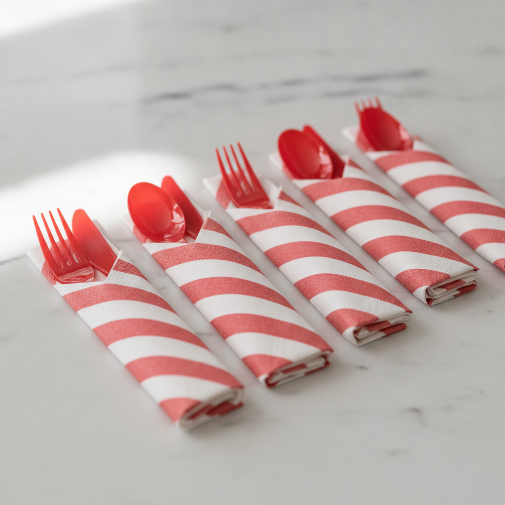 Row of red pre-rolled cutlery bundles in striped napkins ready for a party