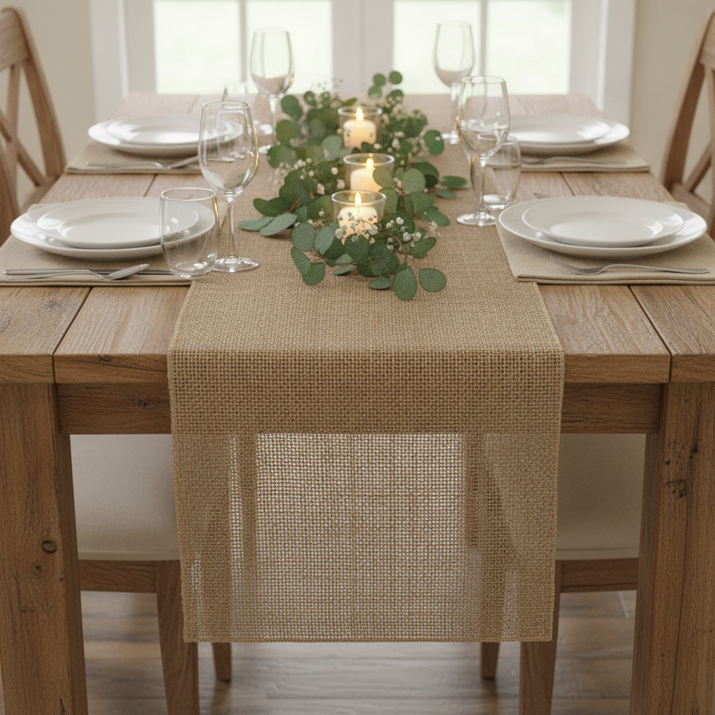 Natural burlap runner styled down a rustic farmhouse dining table with florals and candles