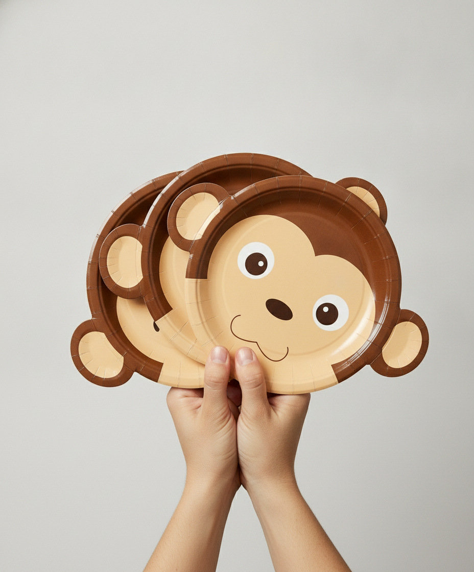 Monkey face disposable paper party plates fanned and held in hands