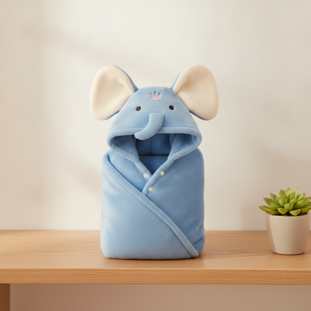 Folded elephant hooded baby towel on a nursery shelf — Maison's Kitchen