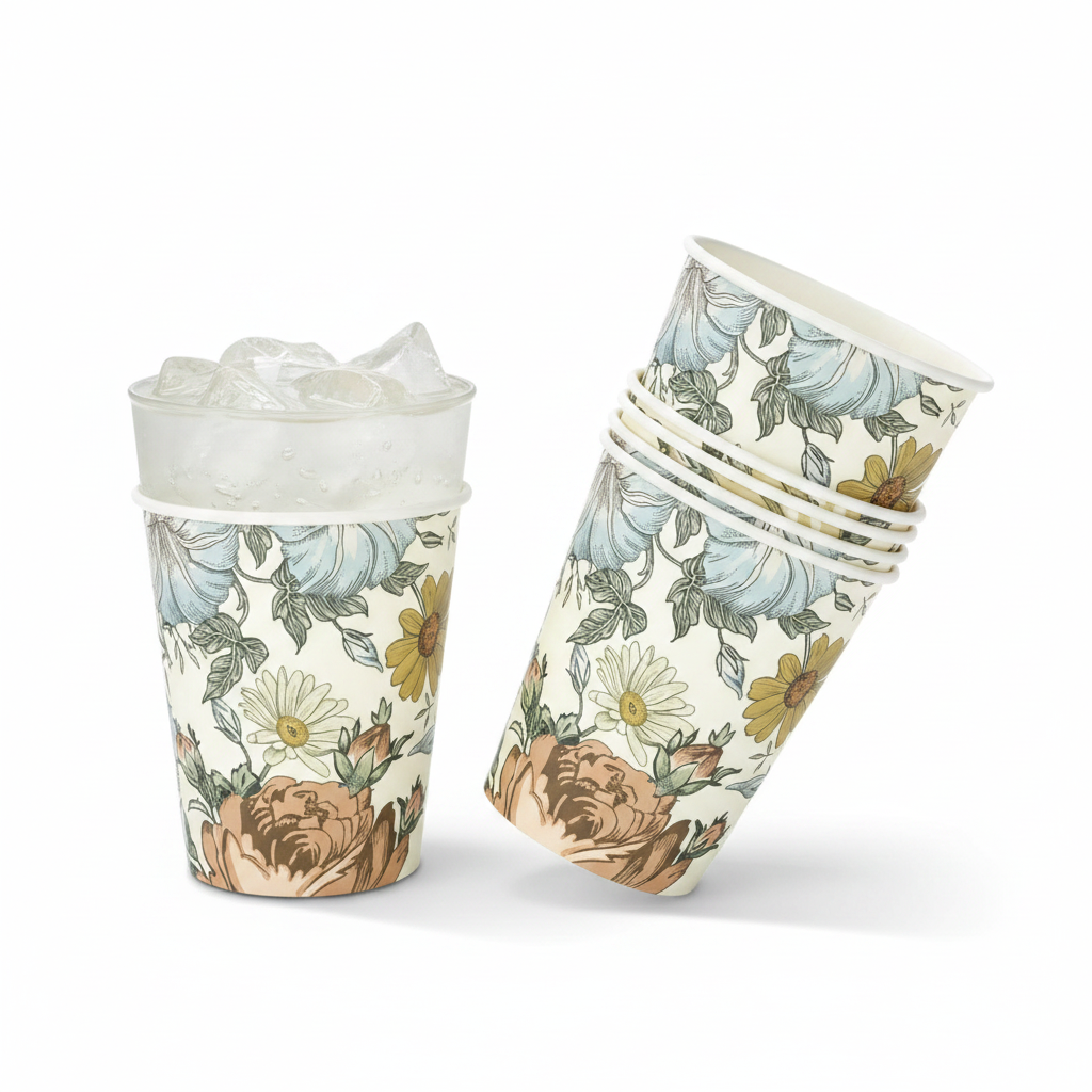 Vintage wildflower disposable paper cups, 100 count 9 oz, on white background