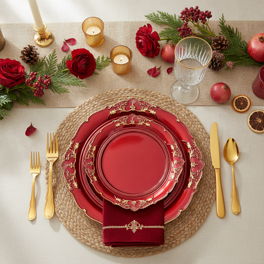 Embossed red charger plates styled in a festive Christmas holiday place setting with gold cutlery, pinecones, pomegranates and red florals
