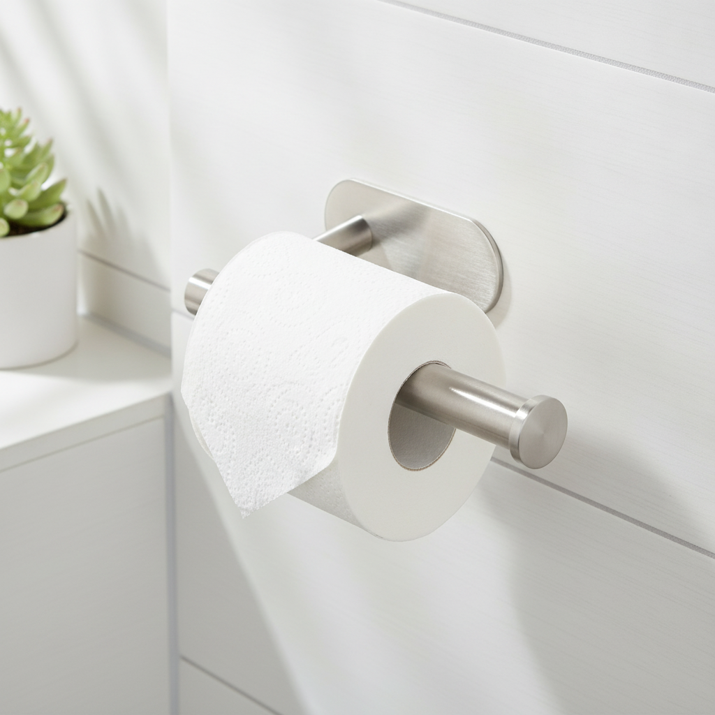 Brushed steel toilet roll holder on white tile wall holding a roll with plant