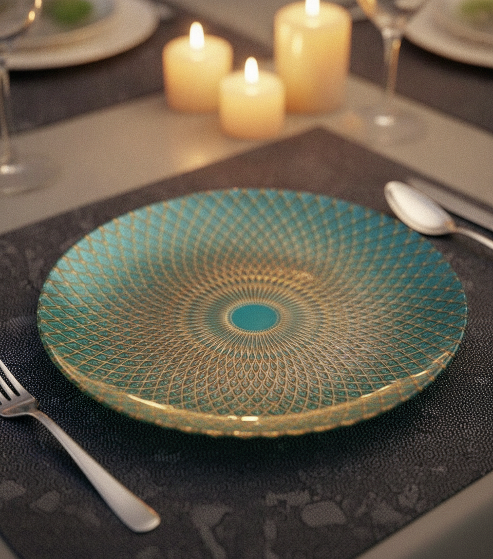 Pavone peacock-green and gold glass plate as a centerpiece on a candle-lit dining table