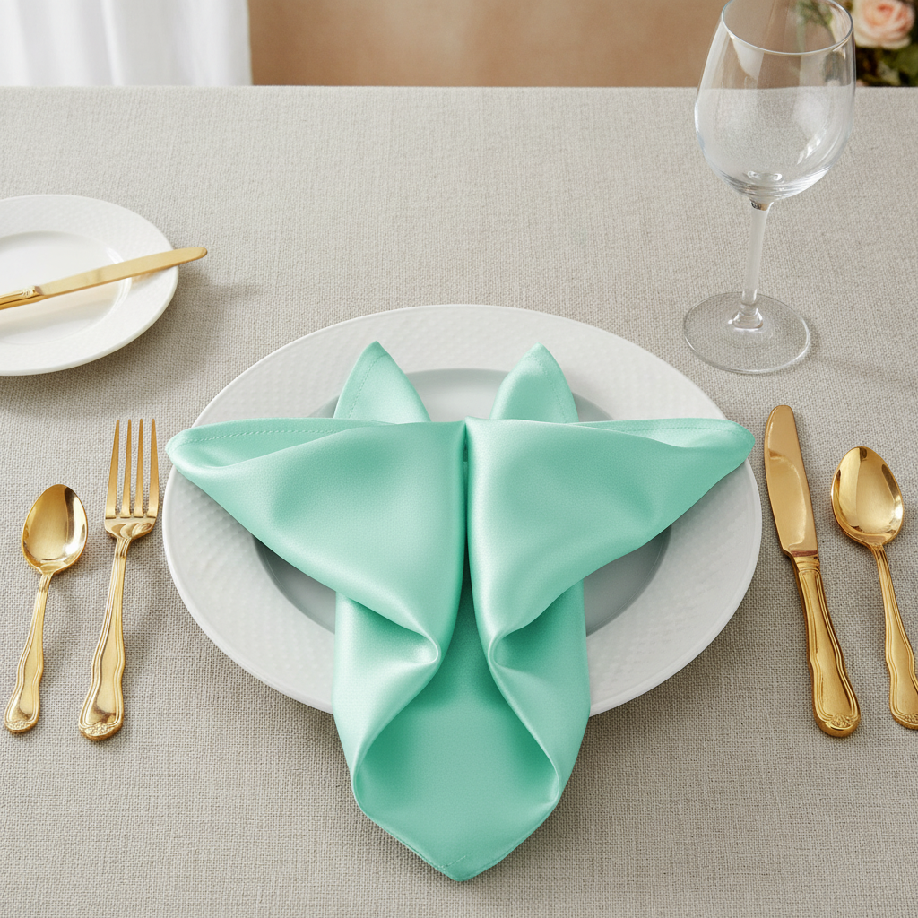 Aqua satin napkin folded on plate with gold flatware place setting