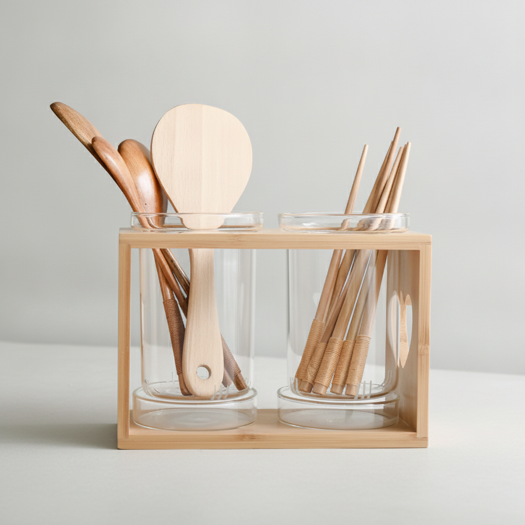 Close-up of the Japanese minimalist chopstick holder: open four-post wood frame holding two clear glass cups with chopsticks and a spoon