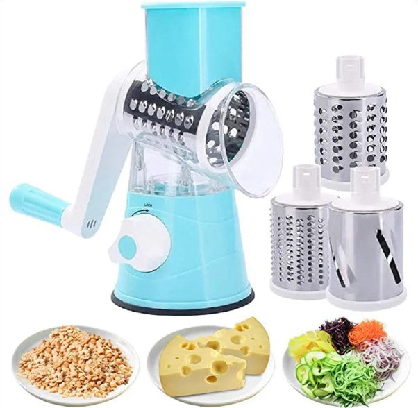 Turquoise hand-crank rotary grater with three interchangeable metal drums and serving examples.