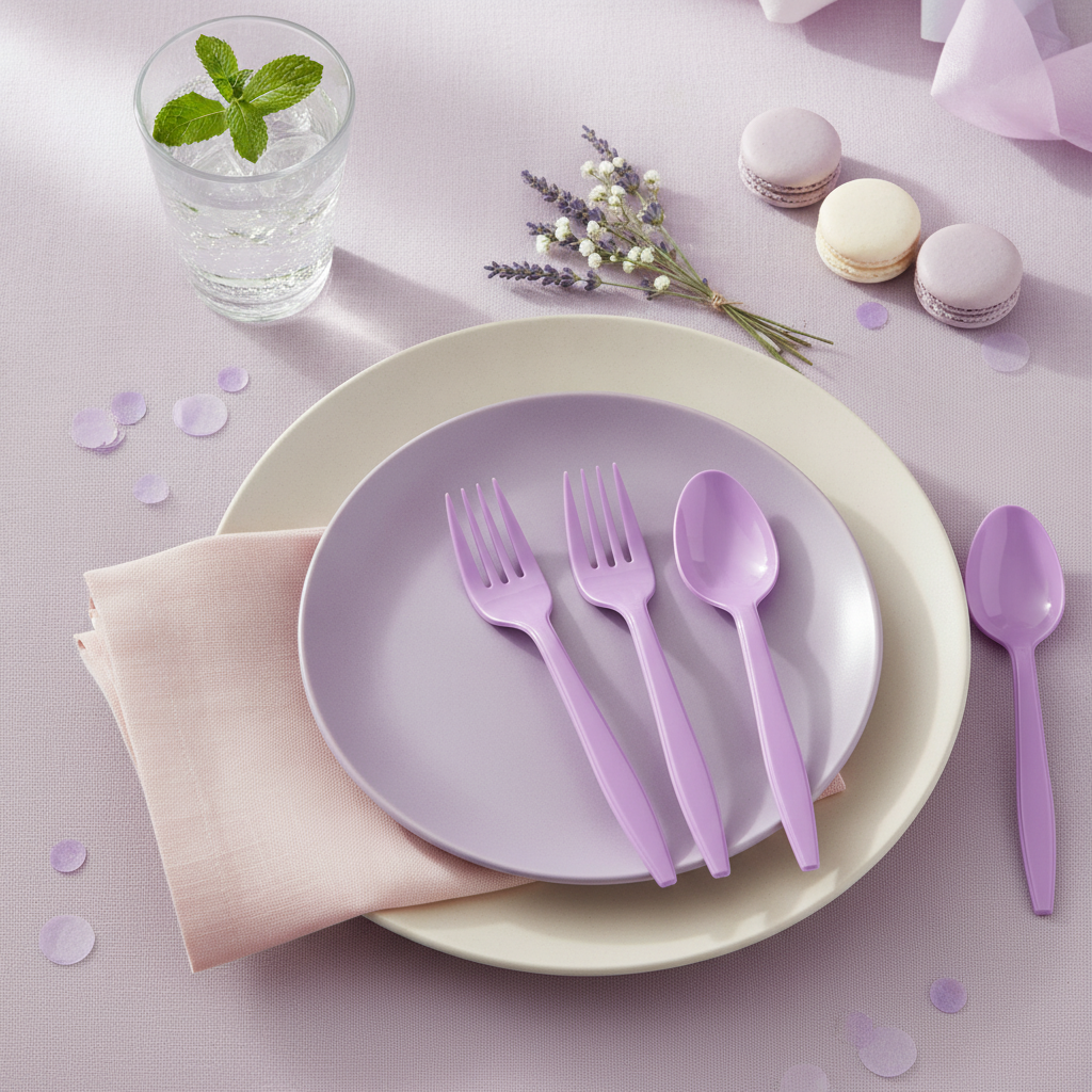 Purple plastic fork and knife on a folded napkin at a pastel party place setting