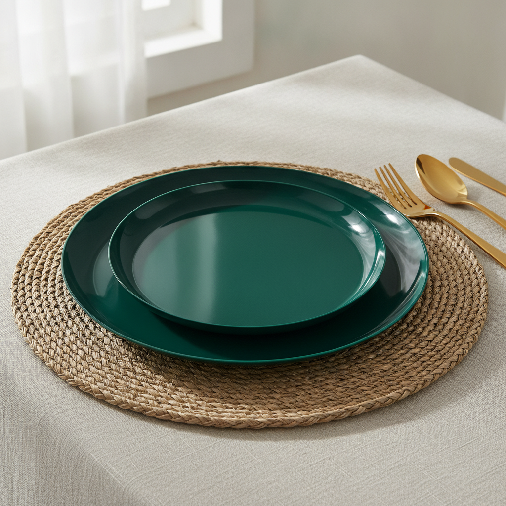 Solid forest-green disposable plastic party plates — two coordinating sizes stacked on a woven placemat with gold flatware, thin glossy plastic rim