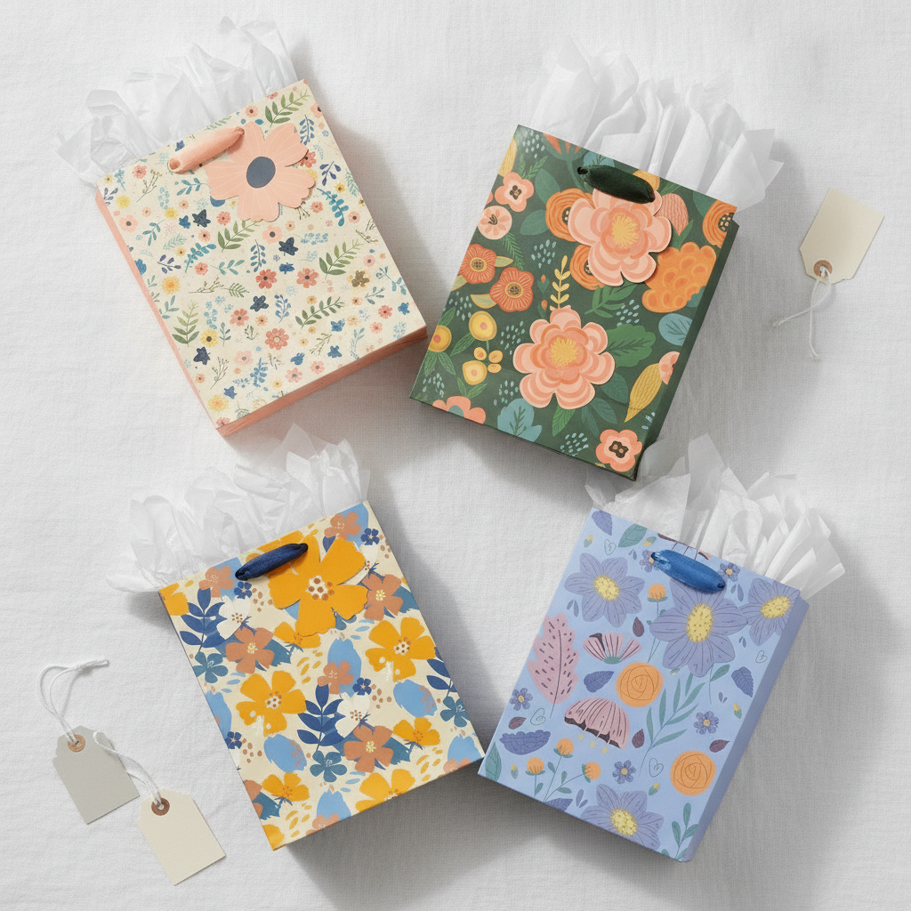 Overhead flat-lay of four assorted floral gift bags with tissue and tags
