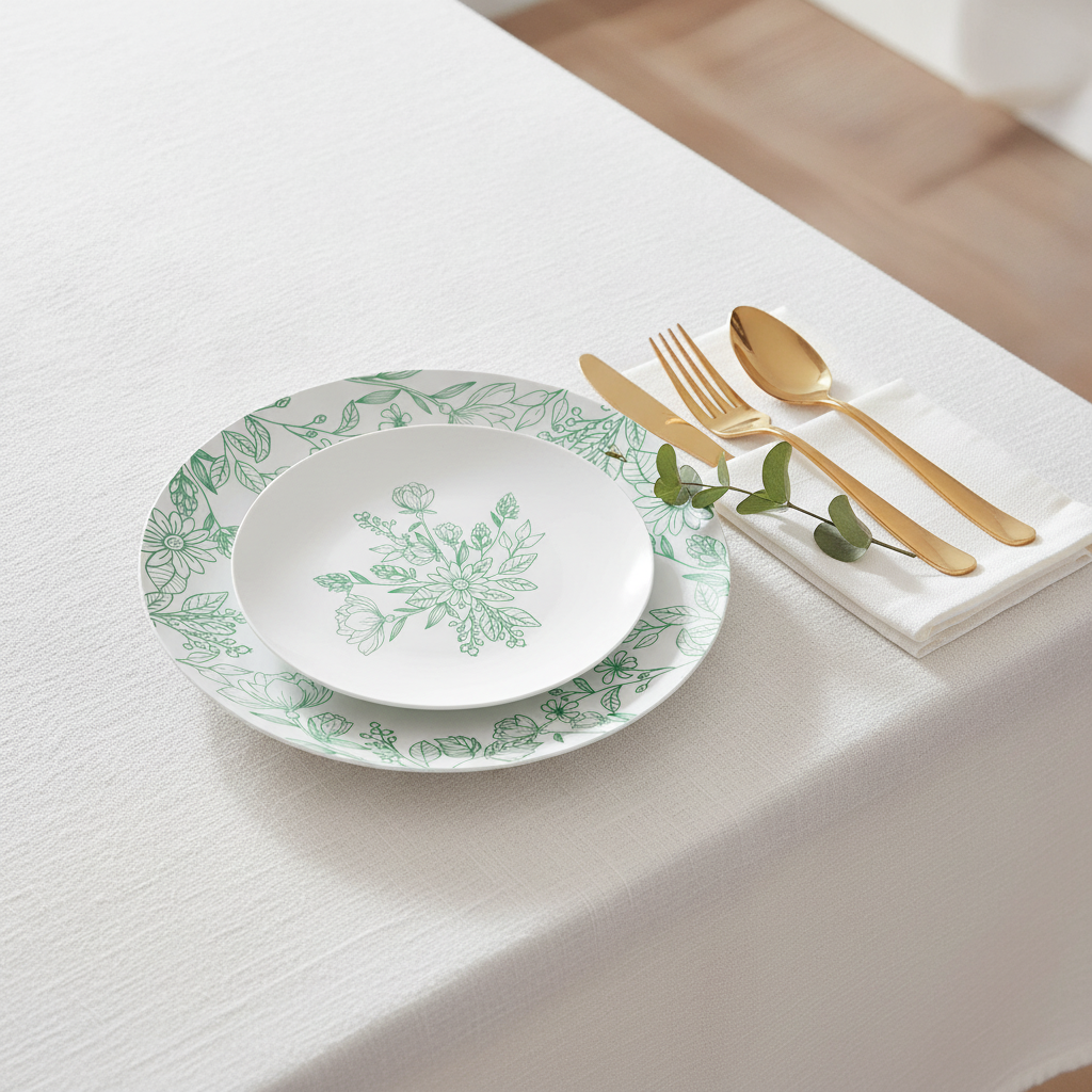 Place setting with stacked white and green floral plastic plates, gold cutlery and napkin