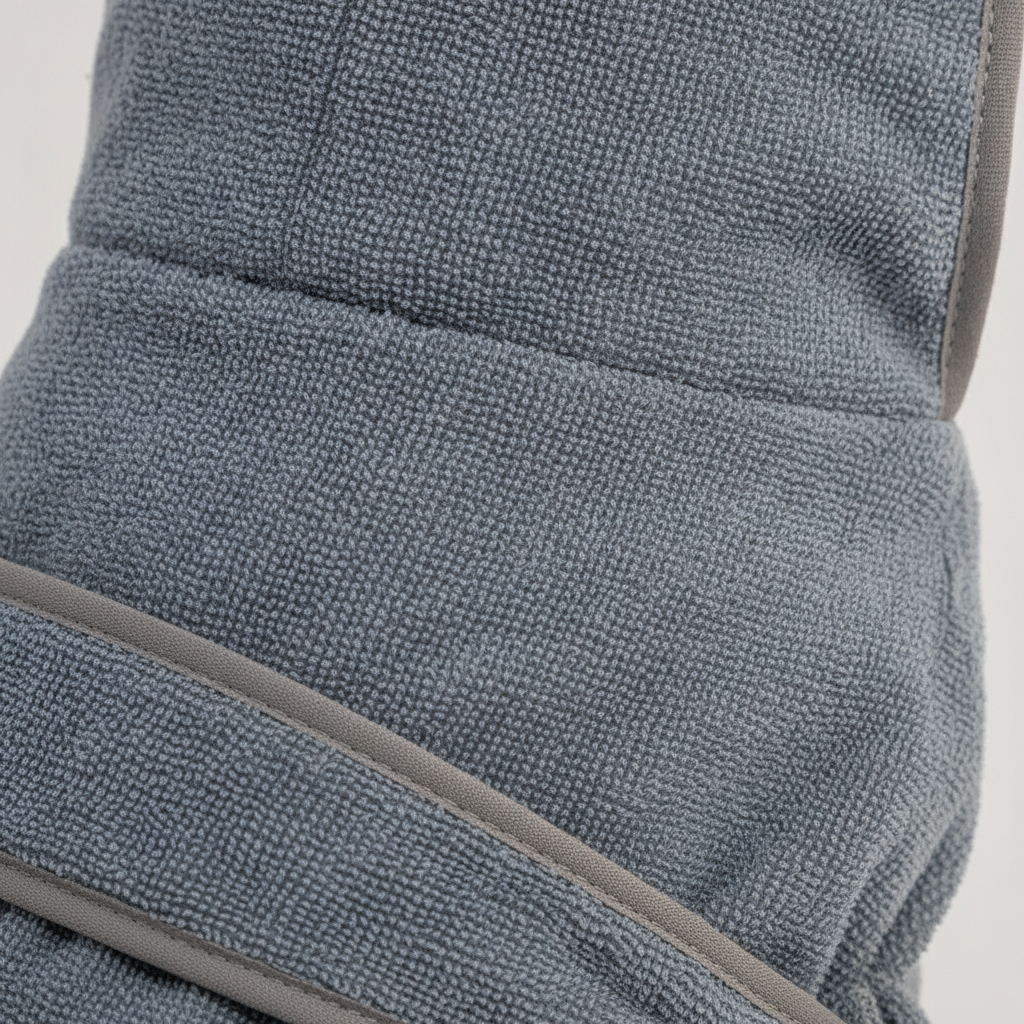 Macro detail of the soft grey terry-cloth fabric and hood of the pet drying robe