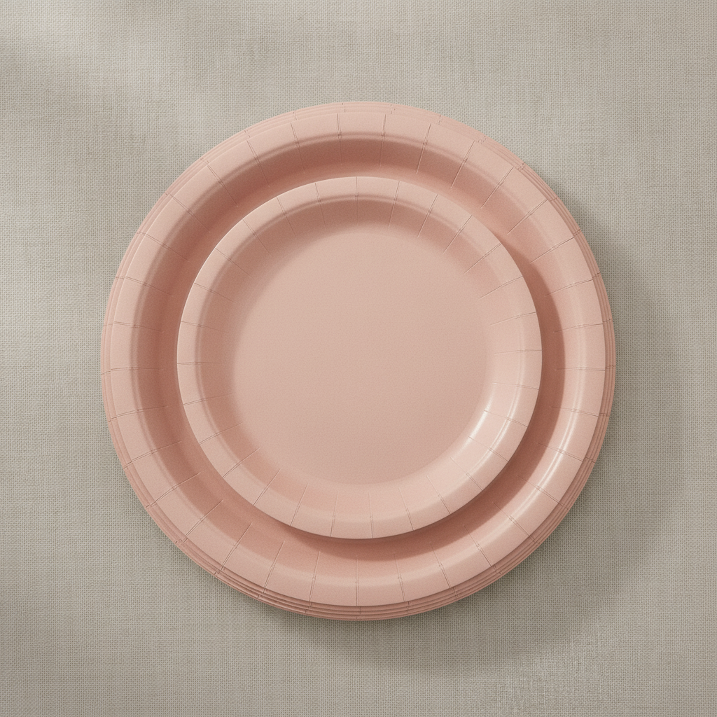 Macro detail of a dusty pink disposable paper plate showing matte paper and thin rim