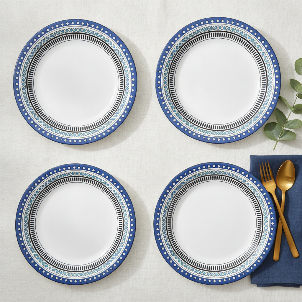 Overhead flat-lay of blue-bordered paper plates with navy napkin and gold cutlery
