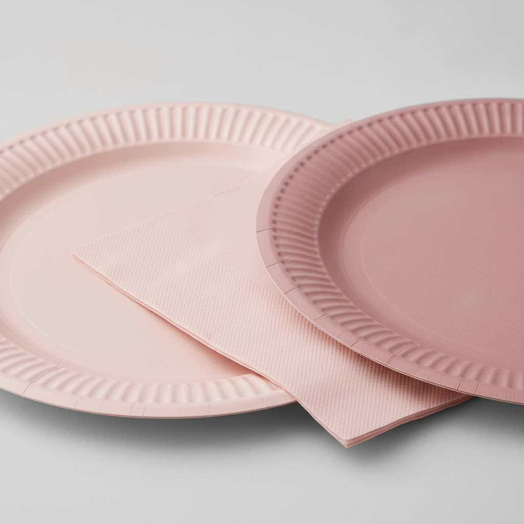 Macro close-up of overlapping dusty-pink paper plates and a gradient napkin
